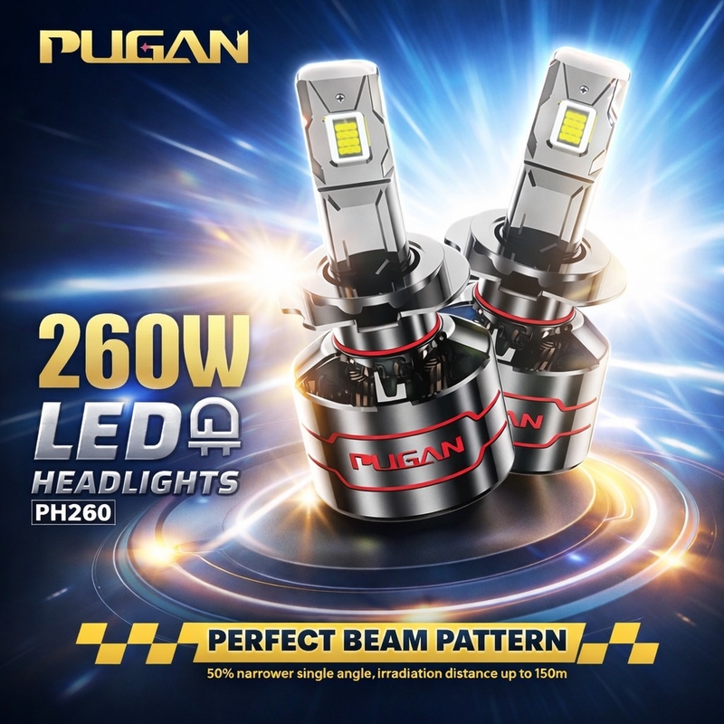 PUGAN 260W LED Headlight Bulbs – 25000LM, 6500K Super Bright, IP68 Waterproof